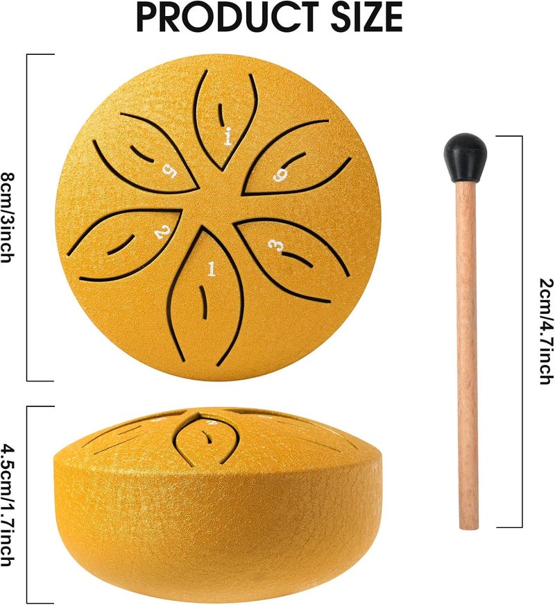 LTAXAF Rain Drum for Outside,Steel Tongue Drum 6 Notes 3 Inch with Bag, Music Book, Drum Mallets, Musical Education Entertainment Meditation Yoga Zen for Christmas Gift(Golden) - Image 3
